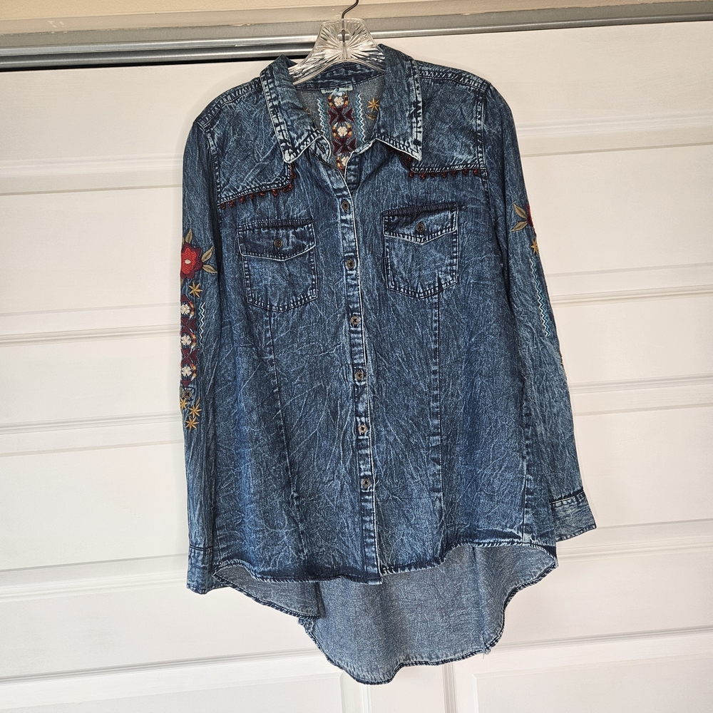 Nostalgia Embroidered Denim Duster Jacket - French Knot Details - Size S